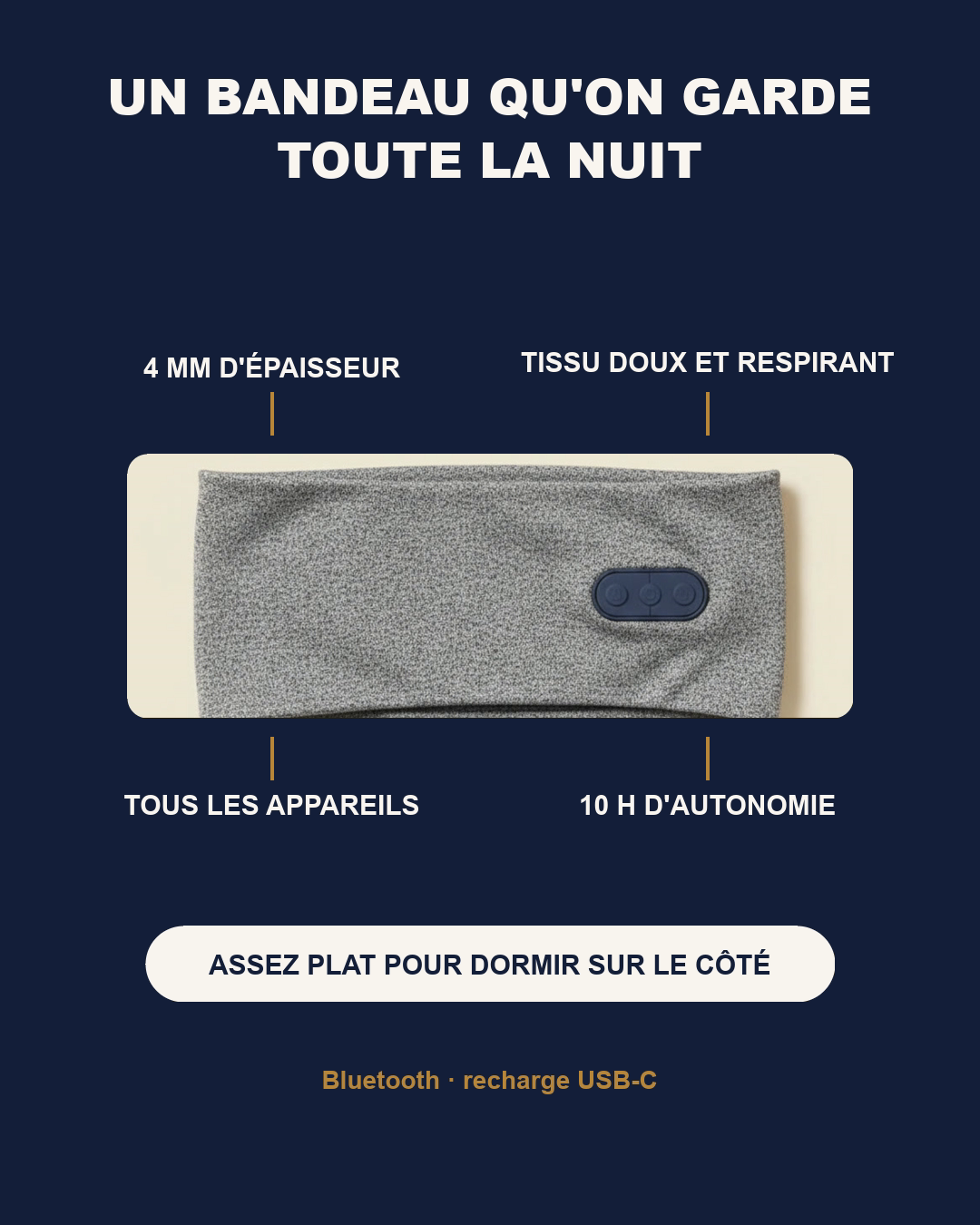 Un bandeau qu on garde toute la nuit : 4 mm, tissu respirant, 10 h d autonomie