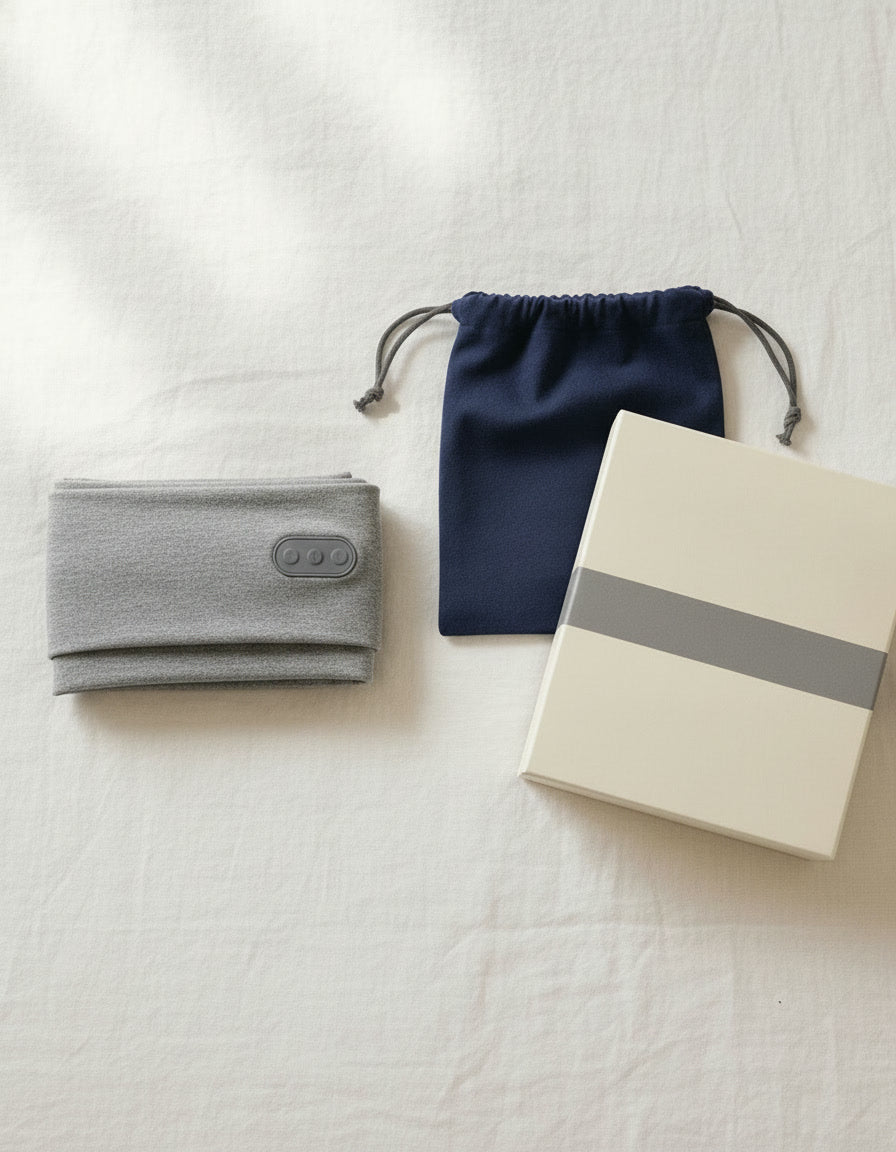 Le bandeau, sa pochette de voyage et son coffret