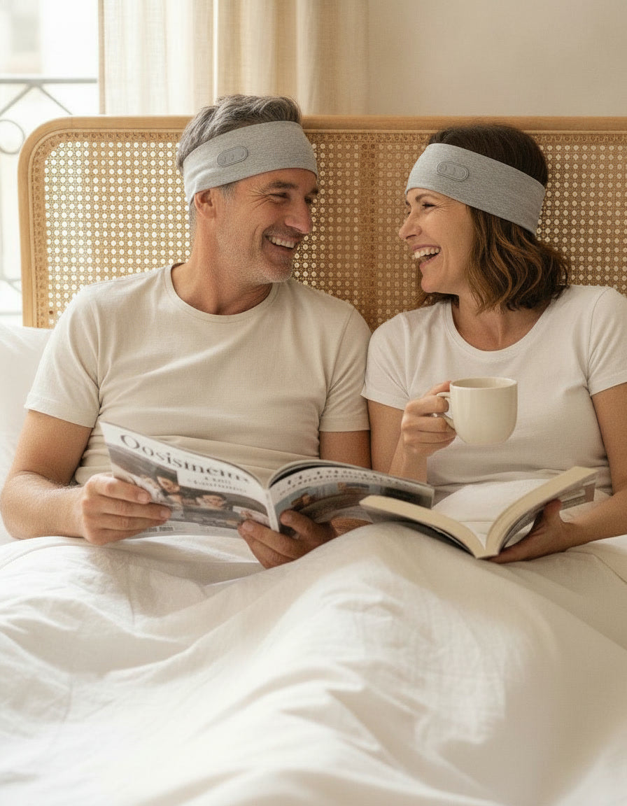 Un couple éveillé dans le lit, bandeaux relevés sur le front