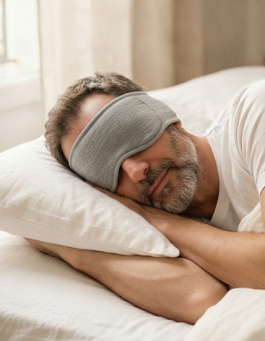 Le bandeau rabattu sur les yeux, porté par un homme